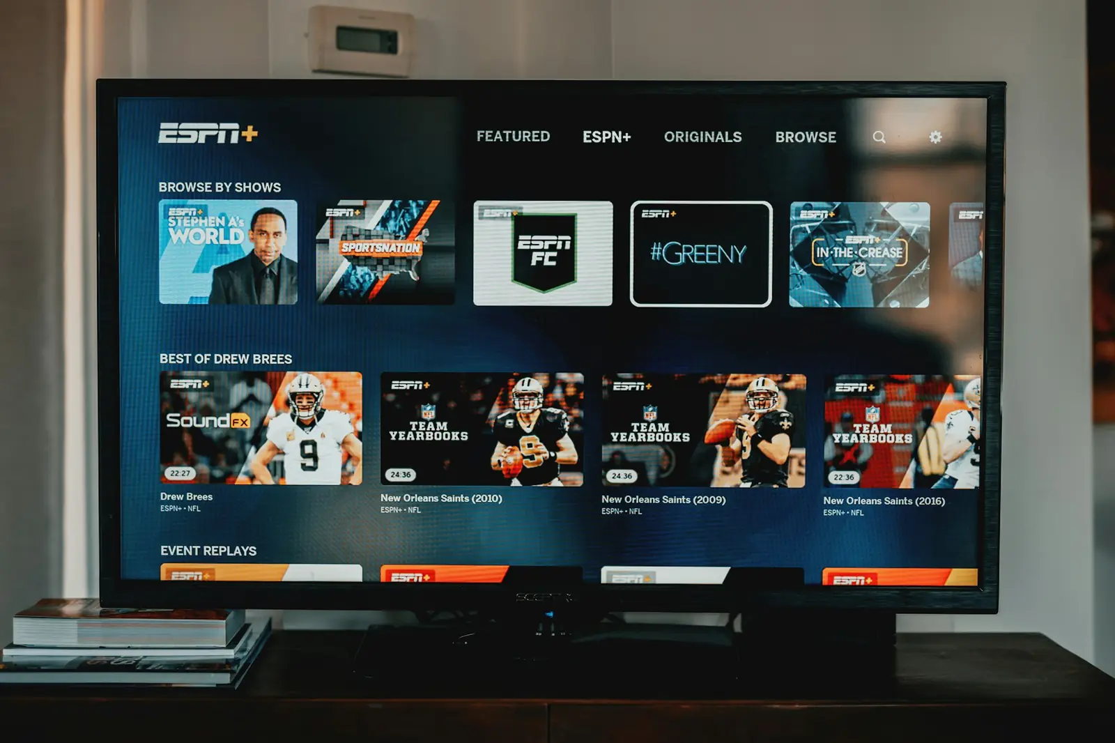 Smart TV on a wooden stand connected to home broadband